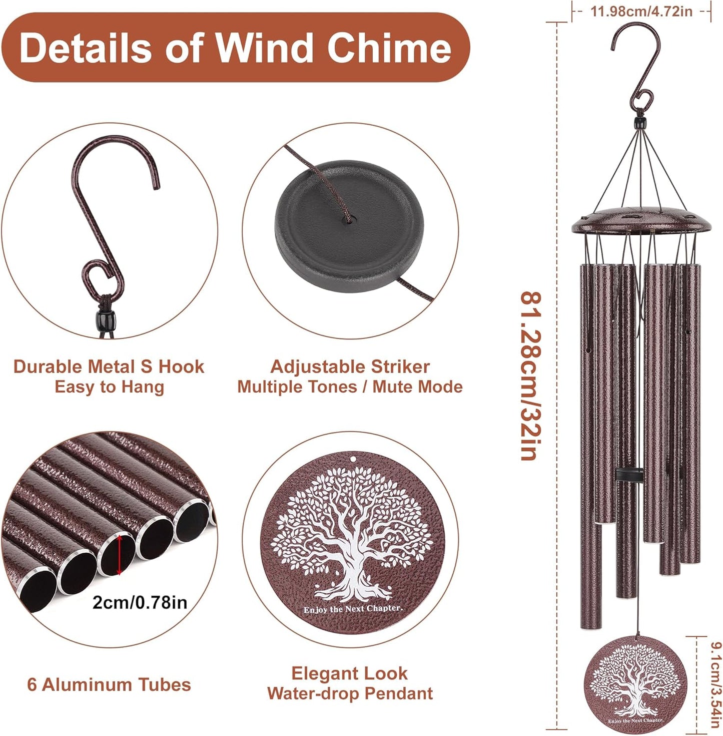 Retirement Gift for Woman Men, 32" Wind Chimes, Retirement Gifts for Coworker Teacher Friends Nurse Boss Veterans Goodbye Gifts Going Away Gift Retirement Decorations (Copper Color)