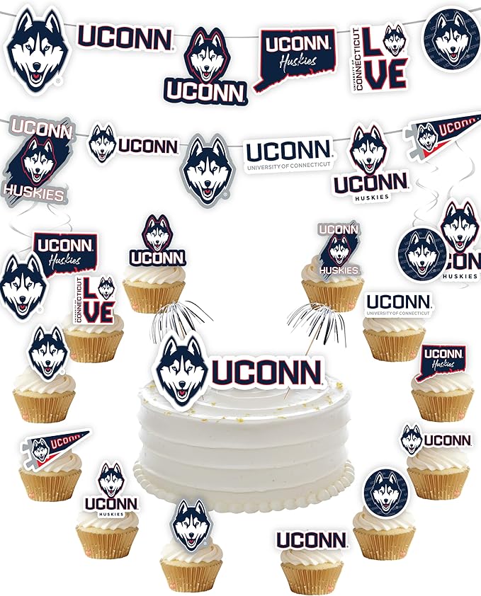 UConn Party Supplies for Football, Birthday Gift, University of Connecticut Graduation Party Banner and Cake Toppers (42 Pieces) (UCONN Huskies)