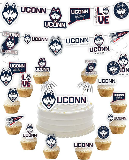 UConn Party Supplies for Football, Birthday Gift, University of Connecticut Graduation Party Banner and Cake Toppers (42 Pieces) (UCONN Huskies)