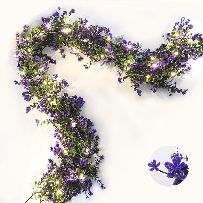RECUTMS Faux Lighted Mantle Garland Artificial Hanging Greenery Fake Hanging Eucalyptus Leaves Vine with Lights Swag Garland for Indoor Outdoor Wall Party Mantel Wedding Table Arch Decor(Purple)