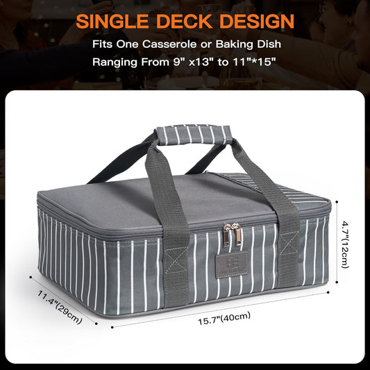 Fun Elements Casserole Carrier for Hot or Cold Food, Insulated Casserole Dish Carrier, Thermal Lasagna Lugger Tote for Potluck Parties/Picnic/Cookouts, Fits 9"×13" Baking Dish, Grey
