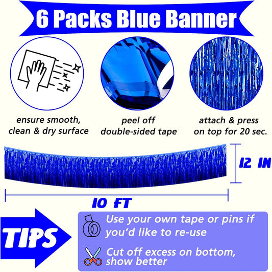 6 Pack 10 Feet Foil Fringe Garland Metallic Tinsel Banner Wall Hanging Curtain Streamers Backdrop for Parade Floats Bachelorette Wedding Birthday Party Thanksgiving Christmas Decorations(Blue)