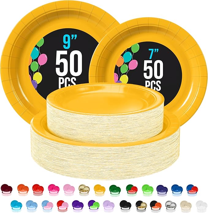 Exquisite Yellow Paper Plates Disposable Heavy Duty 100 Pcs - 50-7" & 50-9" Yellow Disposable Plates For Party Heavy Duty Paper Plate 350 GSM Birthday Party Supplies Plate Set