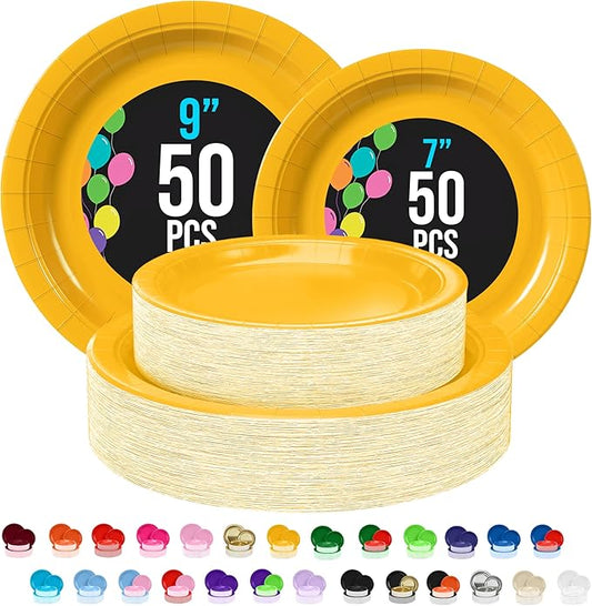 Exquisite Yellow Paper Plates Disposable Heavy Duty 100 Pcs - 50-7" & 50-9" Yellow Disposable Plates For Party Heavy Duty Paper Plate 350 GSM Birthday Party Supplies Plate Set