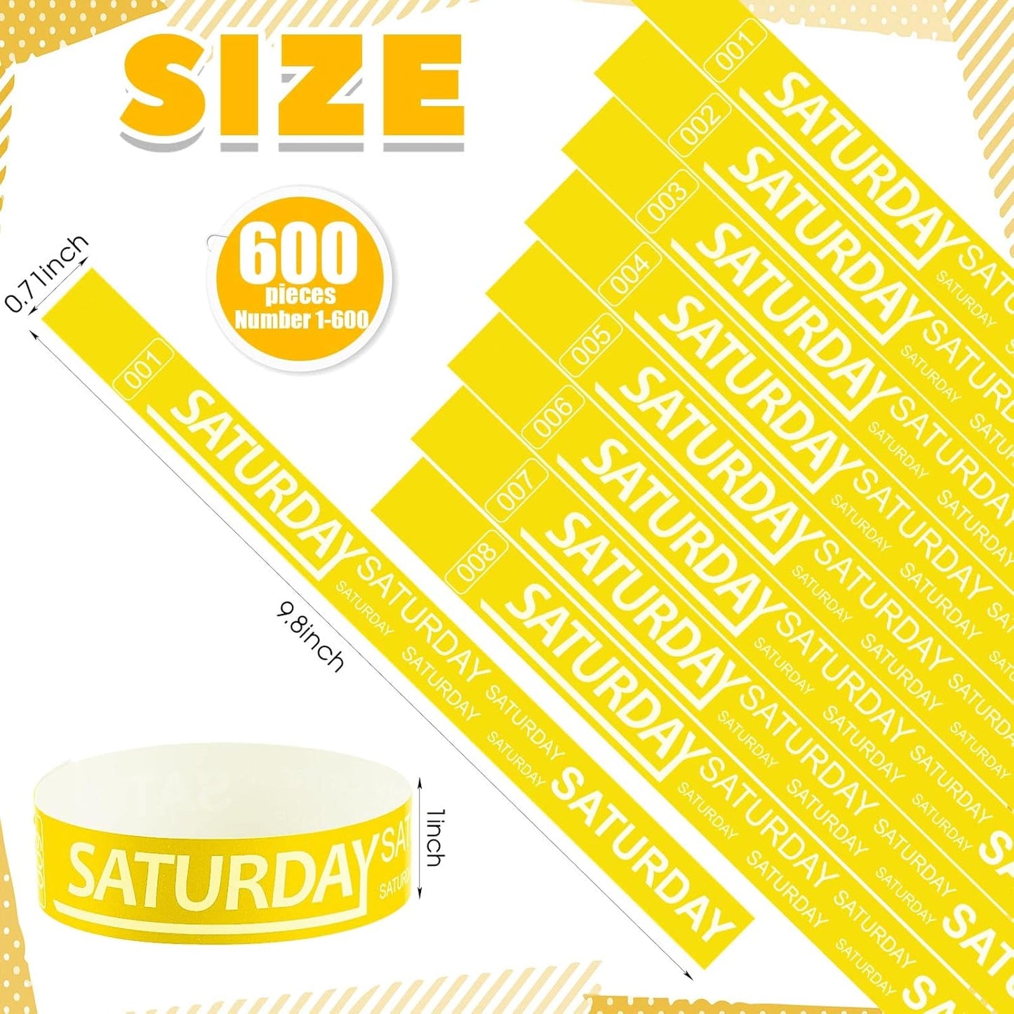 Henoyso 600 Pcs Saturday Paper Wristbands Event Admission Paper Bracelets Numbered Waterproof Party Armbands for Events Day of The Week(Yellow)