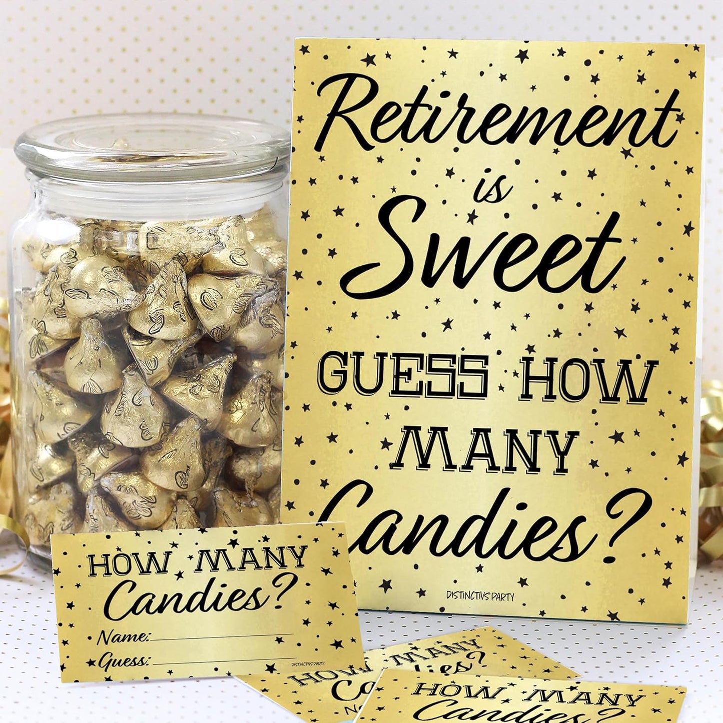 DISTINCTIVS Retirement Party Games - Guess How Many Candies in The Jar Game - 1 Sign and 30 Guessing Cards