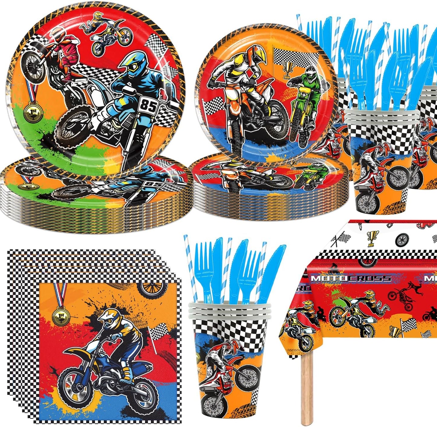 141pcs Dirt Bike Party Decorations,Dirt Bike Party Disposable Tableware set Includes Dinner Plate Dessert Plate Paper Napkin Cup Knife Fork Straws Tablecloth Motocross Dirt Bike Supplies set