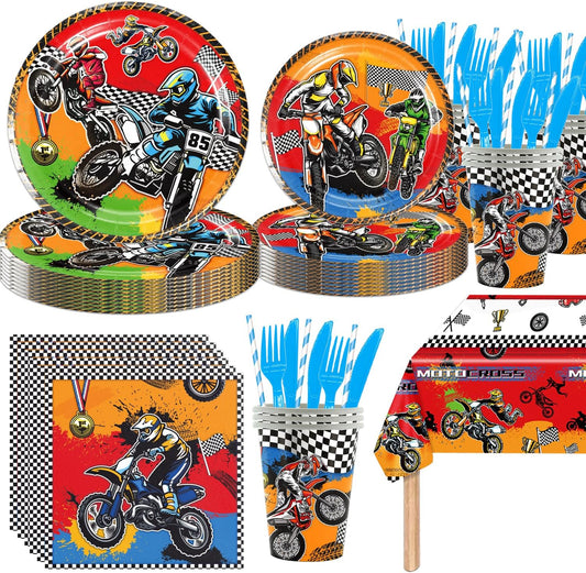 141pcs Dirt Bike Party Decorations,Dirt Bike Party Disposable Tableware set Includes Dinner Plate Dessert Plate Paper Napkin Cup Knife Fork Straws Tablecloth Motocross Dirt Bike Supplies set