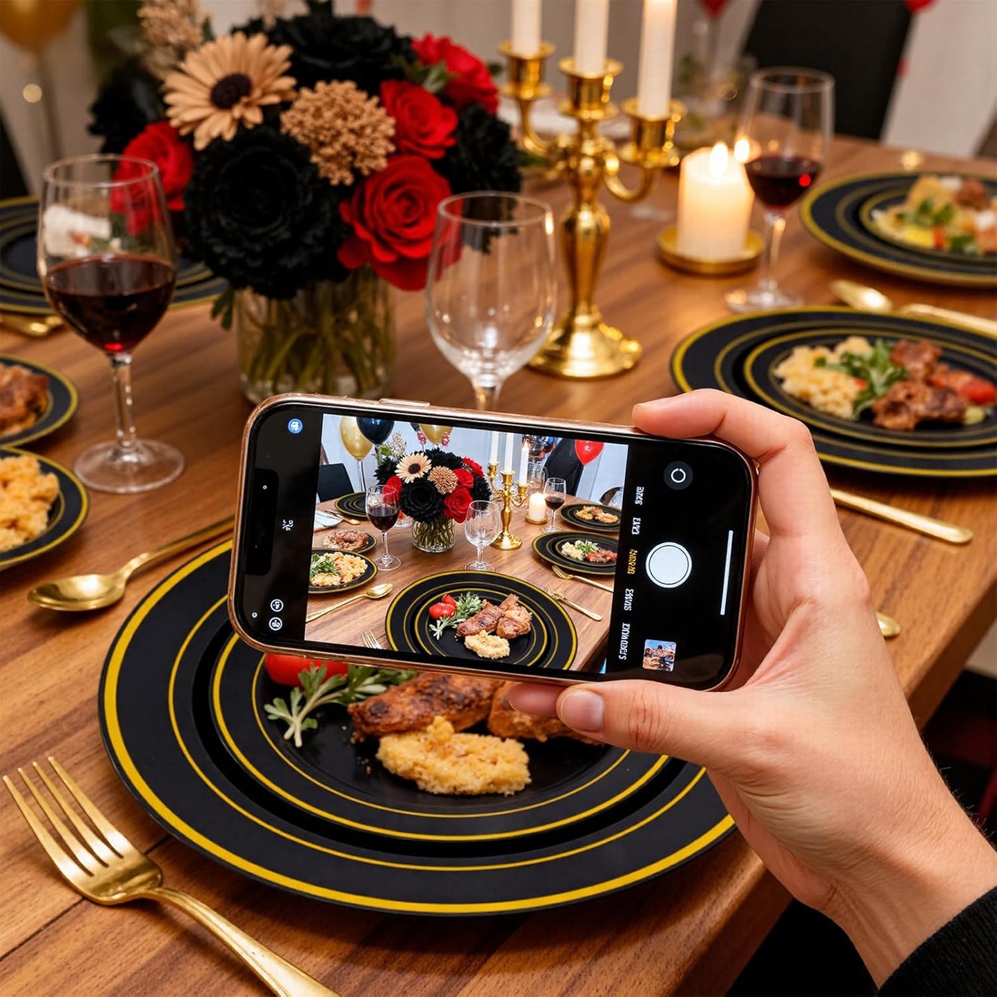 WELLIFE 350PCS Black and Gold Plastic Plates - Plastic Dinnerware Set for 50 Guests,Include 50 Dinner Plates, 50 Dessert Plates, 50 Black Cups 9 OZ, 50 Pre Rolled Napkins with Gold Silverware