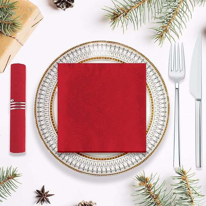 SASTYBALE Christmas Red Jacquard Square Napkin, Damask Wrinkle Resistant Soft Polyester Napkins, Fabric Cloth Dinner Napkins for Wedding, Winter, Holiday, Xmas, Parties, Set of 4 (Red, 20X20 Napkin)