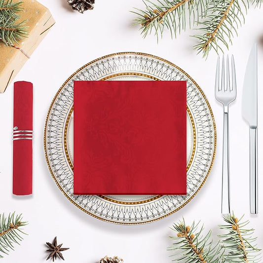 SASTYBALE Christmas Red Jacquard Square Napkin, Damask Wrinkle Resistant Soft Polyester Napkins, Fabric Cloth Dinner Napkins for Wedding, Winter, Holiday, Xmas, Parties, Set of 4 (Red, 20X20 Napkin)