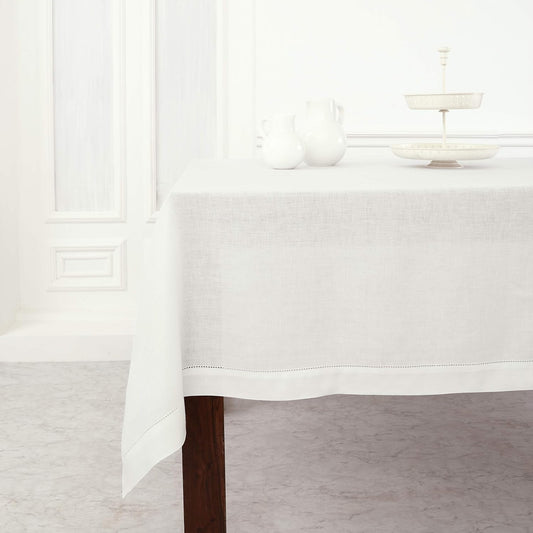 Solino Home Linen Tablecloth for Rectangle Tables 60 x 144 Inch - Classic Hemstitch 100% Pure Linen White Table Cloth - Machine Washable Cloth Tablecloth for Fall, Halloween, Thanksgiving, Holiday