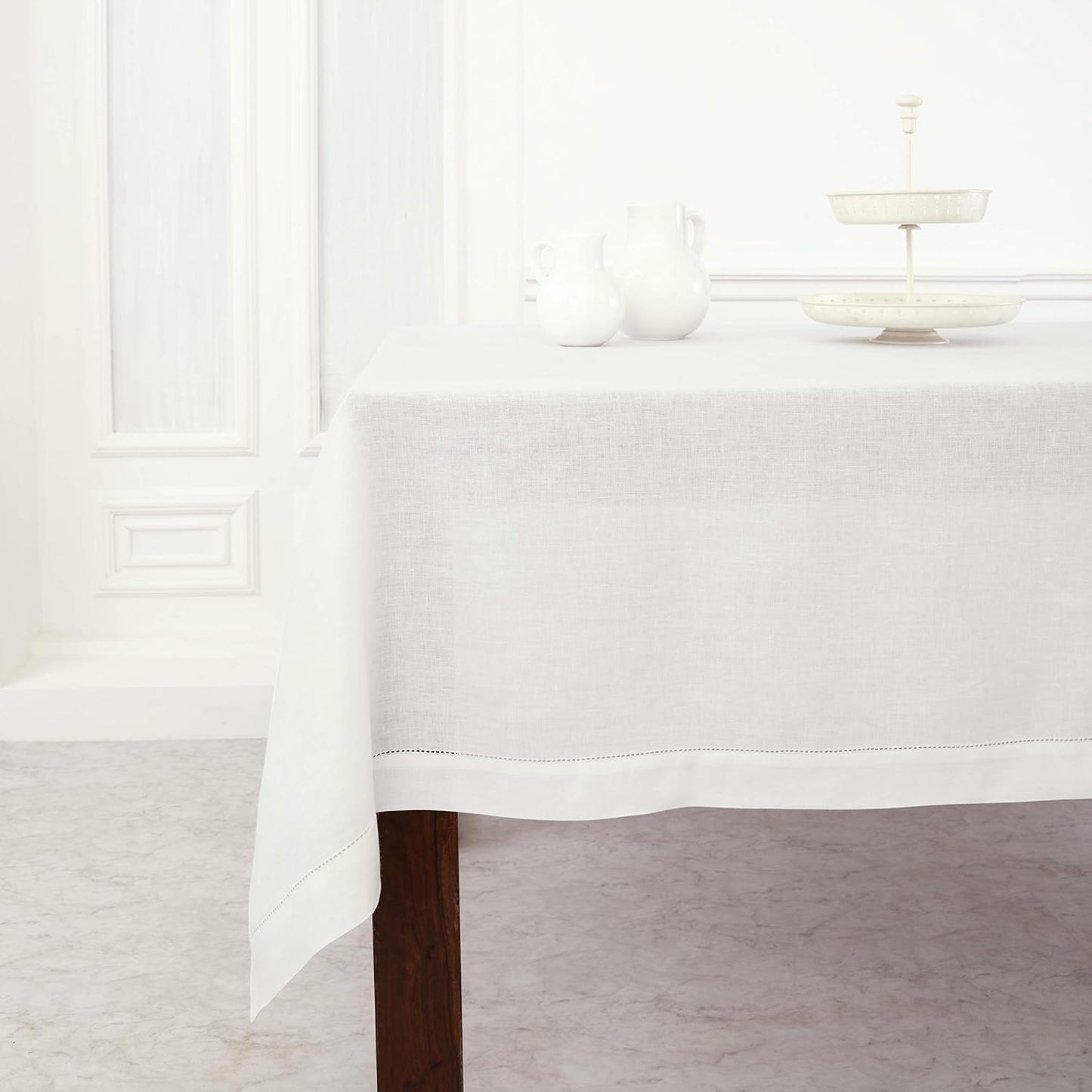 Solino Home Linen Tablecloth for Rectangle Tables 60 x 84 Inch - Classic Hemstitch 100% Pure Linen White Table Cloth - Machine Washable Cloth Tablecloth for Fall, Halloween, Thanksgiving, Christmas