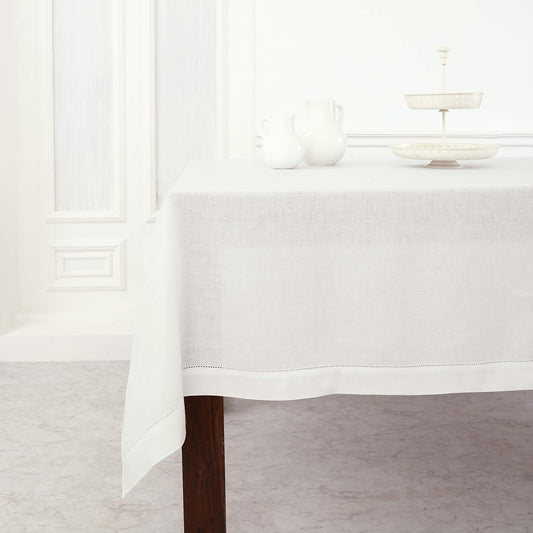 Solino Home White Linen Tablecloth 52 x 52 Inch - 100% Pure Linen Square Table Throw - Classic Hemstitch, Machine Washable Table Cloth for Fall, Autumn, Halloween, Thanksgiving, Holiday