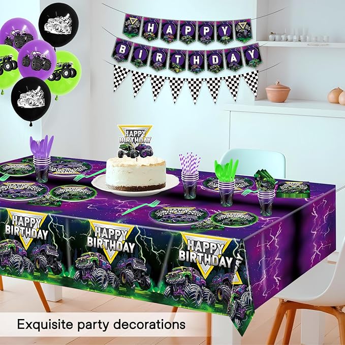 Truck Birthday Decorations Kit,162pcs Monster Birthday Party Supplies Serves 16 Guests, Truck Theme Party Decorations for Boy Purple and Green