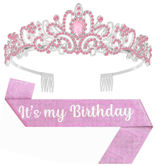 Birthday Tiara and Crown with Sash, Birthday Tiara for Women Party (Pink)
