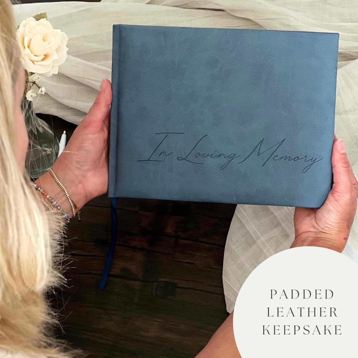 Funeral Guest Book for Celebration Of Life Memorial Service - Leather Memory Book for Funeral Guests to Sign In with Condolence Memory Table Sign & Back Pocket - Blue Guestbook