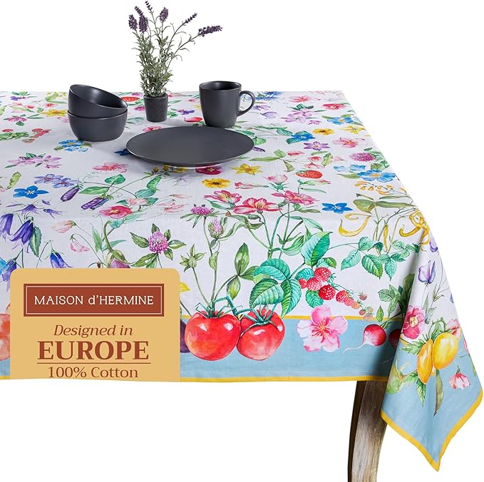 Maison d' Hermine Table Cloth Square Table 100% Cotton 60 x 60 Inches Tablecloth Reusable Decorative for Dining Room Farmhouse Home Valentines Day Decorations Spring Summer - Giverny