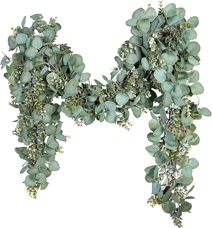 Ouddy Decor Eucalyptus Garland 6.56 Ft Lush Silver Dollar Leaves Boxwood Artificial Faux Greenery Vines for Baby Shower Wedding Party Table Runner Room Home Mantle Decor