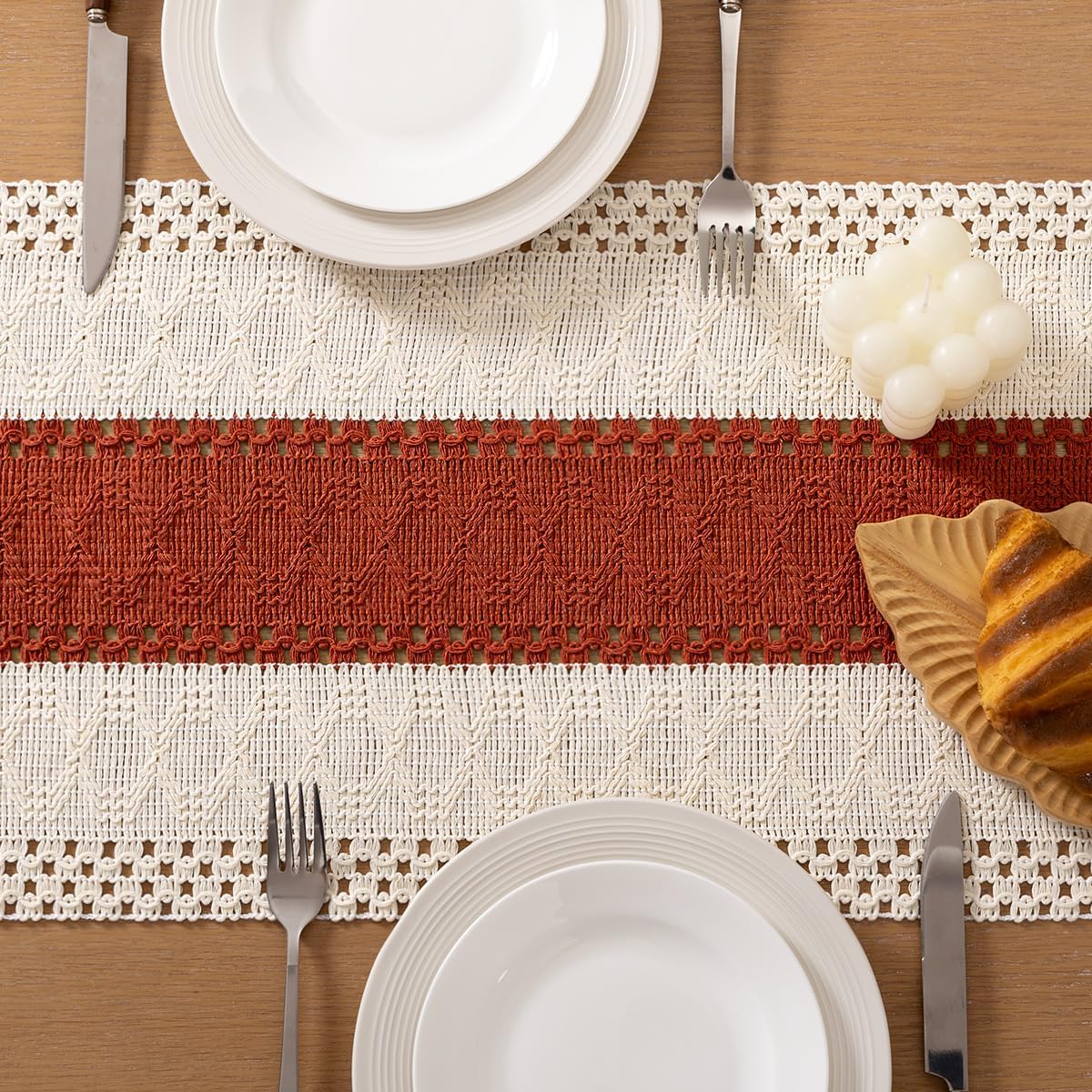 Socomi Boho Table Runner Fall Thanksgiving Farmhouse Rustic Dining Kitchen Centerpiece Macrame Woven Cotton Linen Coffee Table Runner for Dresser Scarf Home Decor 12x72 inch Terracotta Ivory