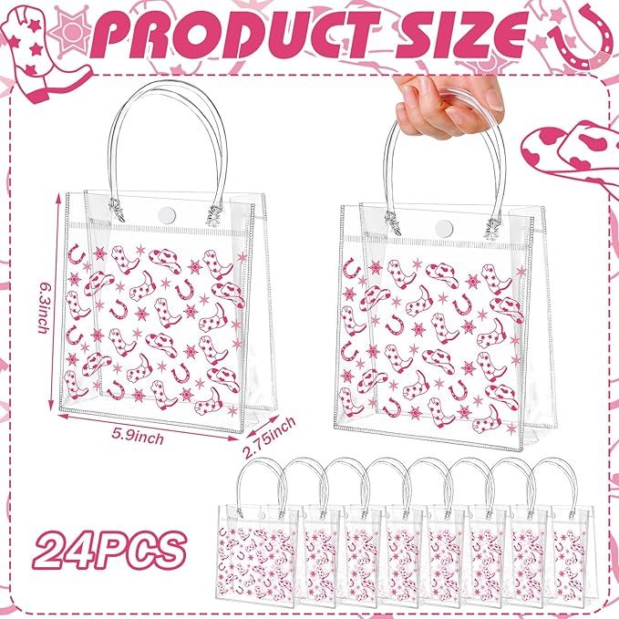Tioncy 24 Pcs Pink Cowgirl Party Favors Bags PVC Bags with Handles Western Cowgirl Party Supplies Birthday Treat Goodies for Bridal Shower Bachelorette