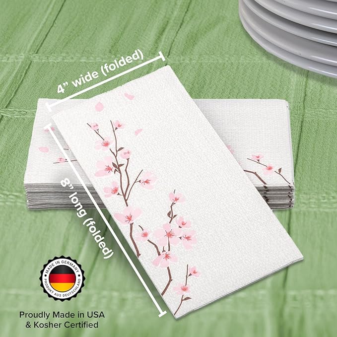 SimuLinen Cherry Blossom Disposable Guest Towels - Cloth-Like, Single-Use, Linen Feel Paper Towels, 12x17", 100ct (Made in Germany)