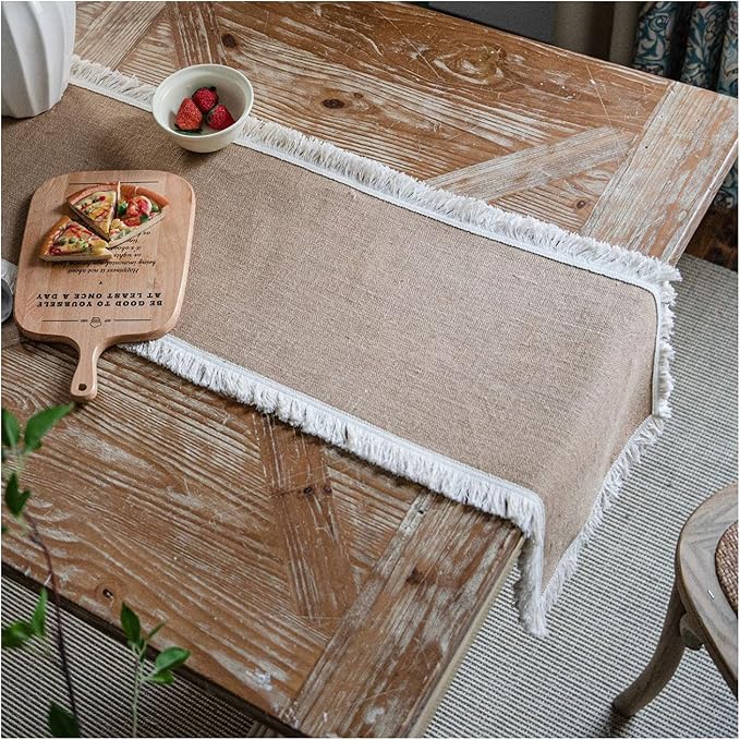Natural Jute Table Runner, Burlap Style Table Runner, Rustic Farmhouse Table Runner Country Vintage for Wedding, Party Table Decorations, Boho Décor Jute White Tassel 12x55 inch TAB28