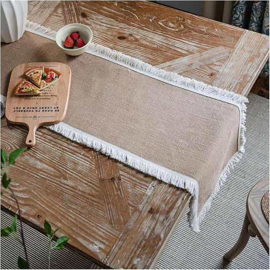 Natural Jute Table Runner, Burlap Style Table Runner, Rustic Farmhouse Table Runner Country Vintage for Wedding, Party Table Decorations, Boho Décor Jute White Tassel 12x55 inch TAB28