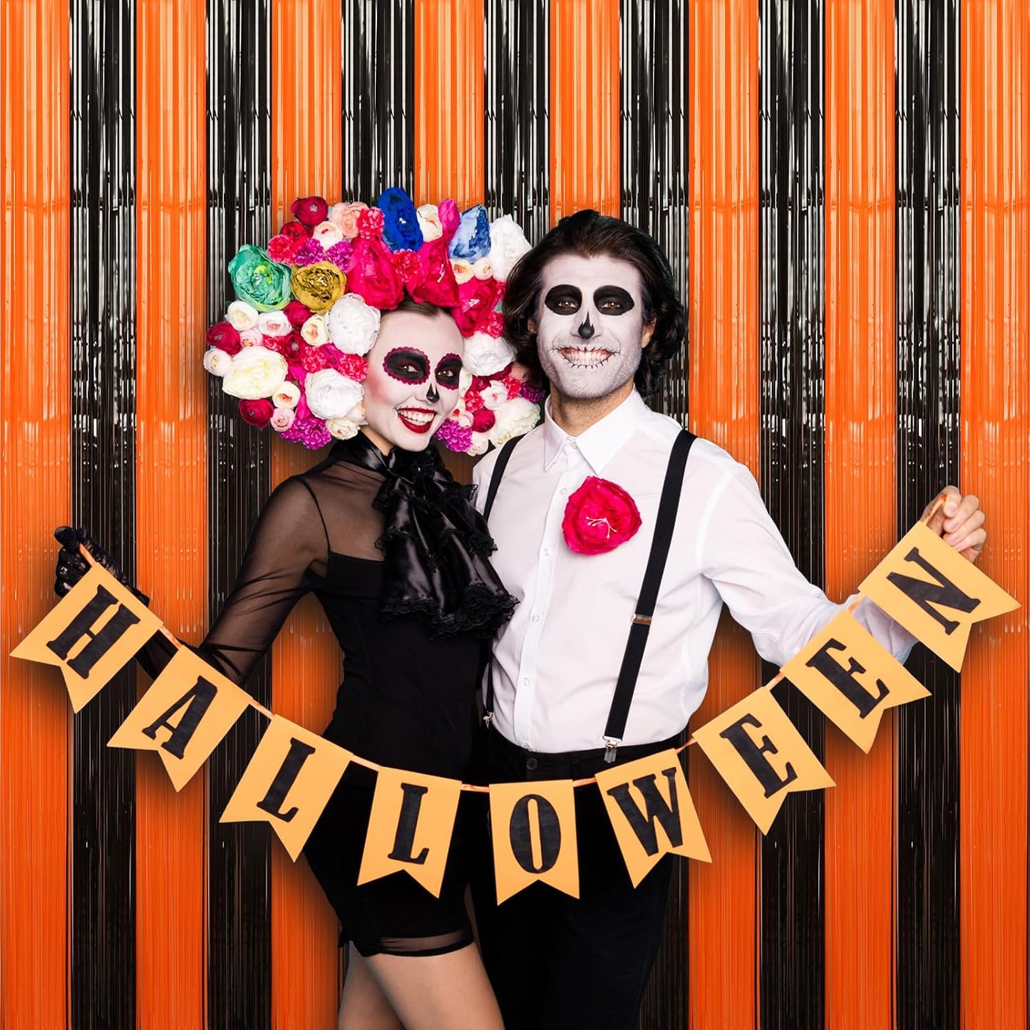 Accevo Black Orange Party Streamers 3Pack 3.2ft x 8.2ft Tinsel Black Orange Streamers Party Decorations Door Decorations Foil Fringe Curtain Halloween Christmas Party Decorations Orange Party Decor