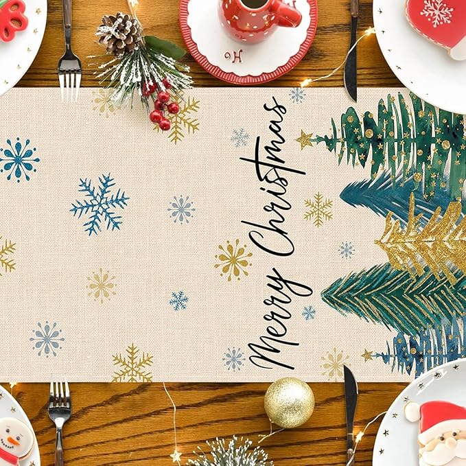 Xmas Trees Snowflakes White Merry Christmas Table Runner, Winter Holiday Kitchen Dining Table Decoration for Home Party Decor 13x72 Inch