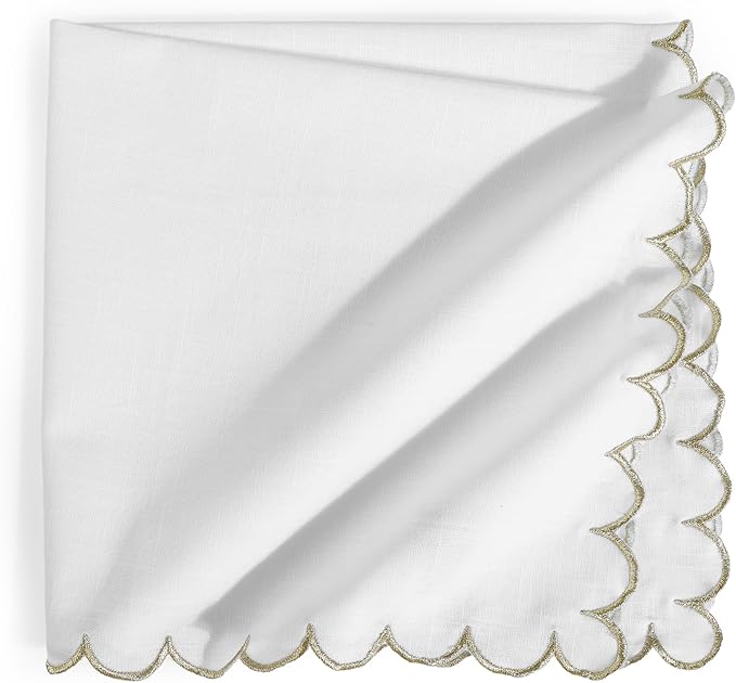 FINGERCRAFT Cloth Napkins, Everyday Use Scallop Design with Golden Zari, Premium Quality Natural Cotton Napkin Cloth Set of 6 Perfect for Parties Dinners Weddings Christmas 20x20 inch White