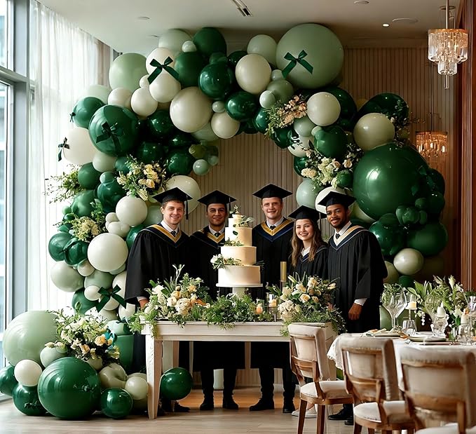 Emerald Green Balloon Arch Kit with Bow, Double Stuffed Dark Forest Hunter Green Dusty Pastel Light Green Balloon Garland for Birthday Bridal Baby Shower Graduation Jungle Safari Party Decoration