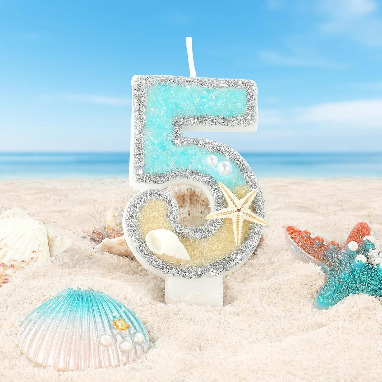 Beach Birthday Candle Starfish Number 5 Candles 5th Cake Candle Blue Birthday Cake Topper Cupcake Decorations Party Decor Anniversary Celebrations Supplies Favors