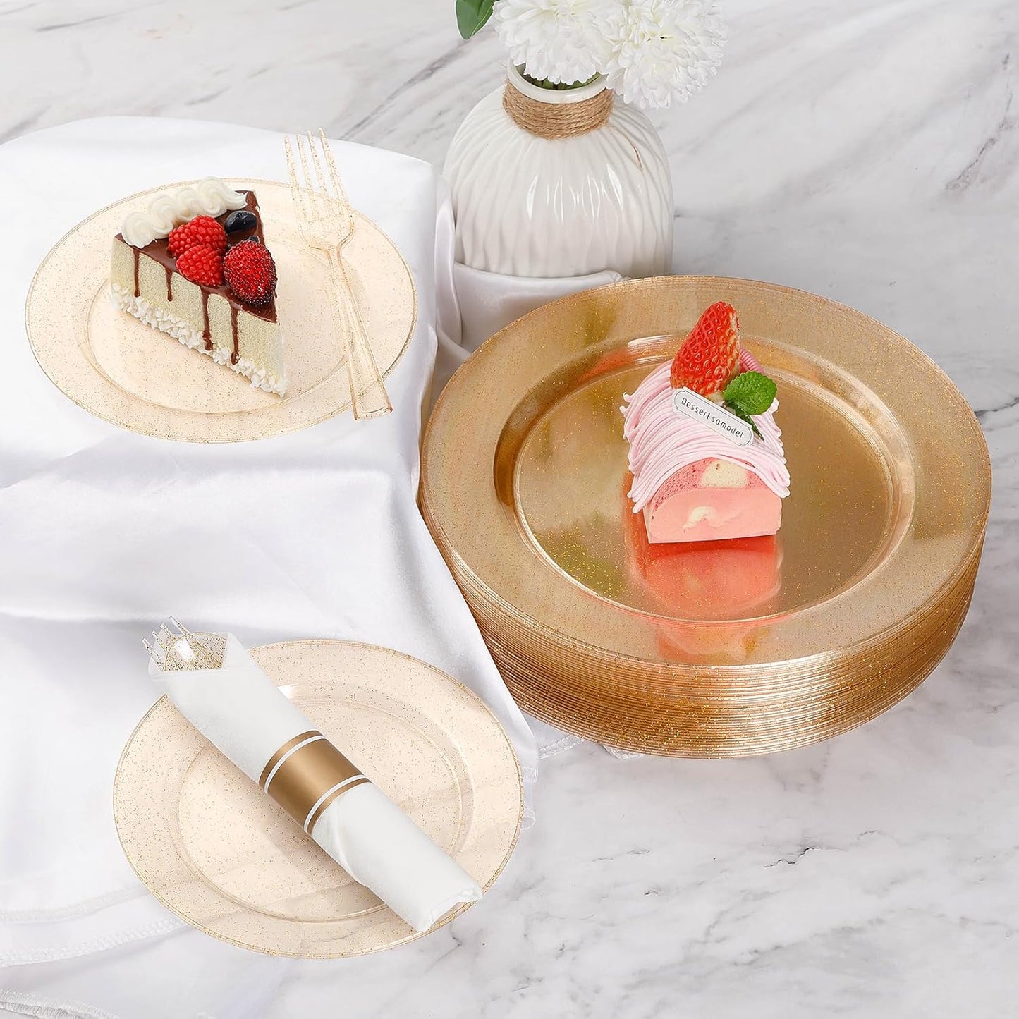 Goodluck 175 Piece Gold Glitter Plastic Dinnerware Set for 25 Guests, Fancy Disposable Plates for Party, Include: 25 Dinner Plates, 25 Dessert Plates, 25 Pre Rolled Napkins with Silverware, 25 Cups