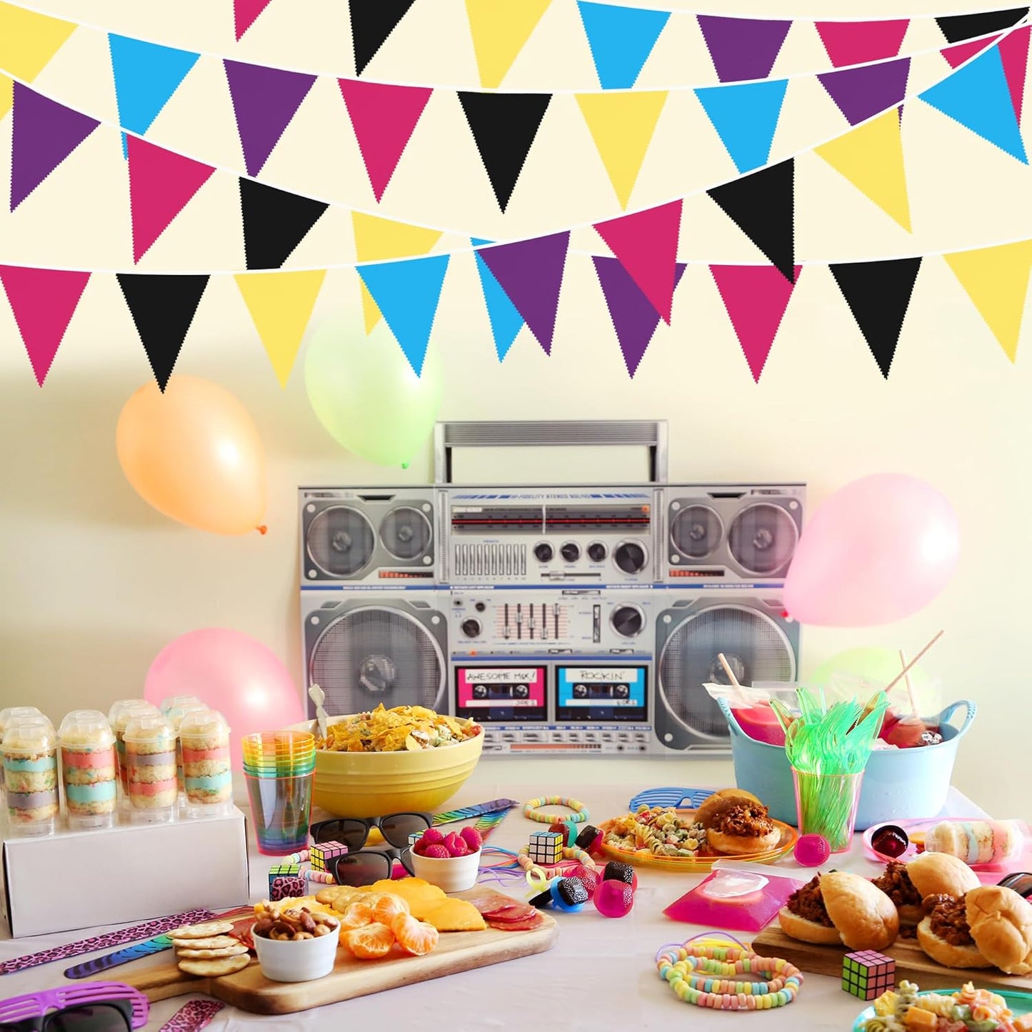 pinkblume 32Ft 80s Party Decorations Triangle Flag Pennant Bunting Banner Fabric Garland Streamers for 80s Retro Hip Hop 1980s Throwback Birthday Rock Hippie Party Decor Supplies