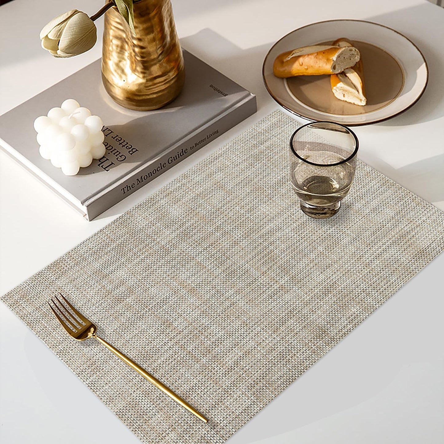 Vinyl Placemats Set of 4, PVC Woven Washable Non-Slip Table Mats, Heat Resistant Wrinkle Free Place Mats for Dining Table, Easy to Clean (4, Caramel)