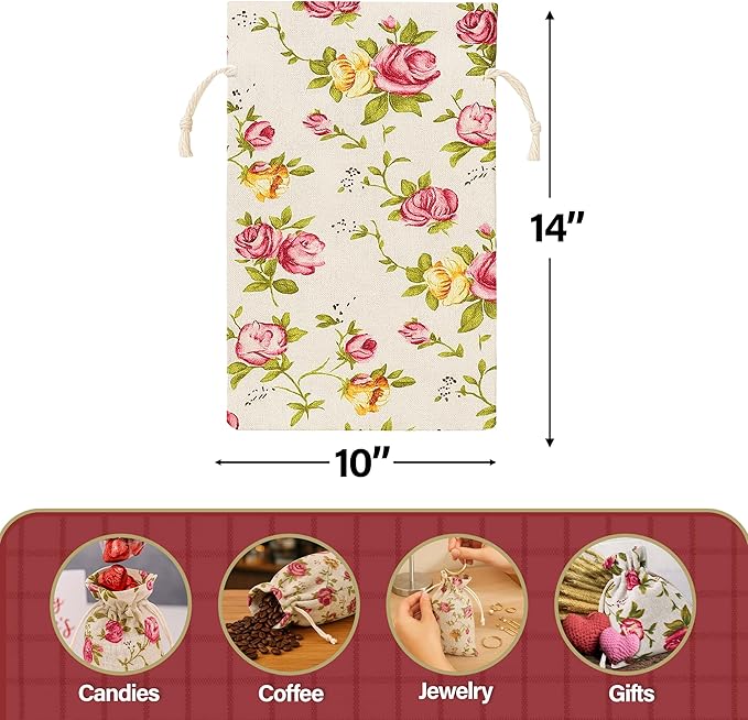 Mandala Crafts 10X14 Inch Rose Burlap Drawstring Gift Bags for Favors - 20 Large Floral Linen Sacks Gift Pouches for Candy, Coffee, Jewelry, Wedding, and Party Supplies