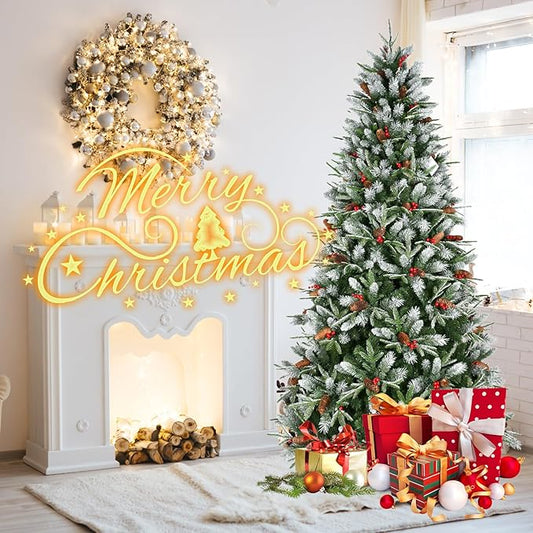 5FT Frosted Artificial Christmas Tree with 1131 PE+PVC Branch Tips, Realistic Unlit Christmas Tree with Red Berry and Pine Cone, Memory Wire Hinged Full Xmas Tree with Metal Base for Party, Holiday