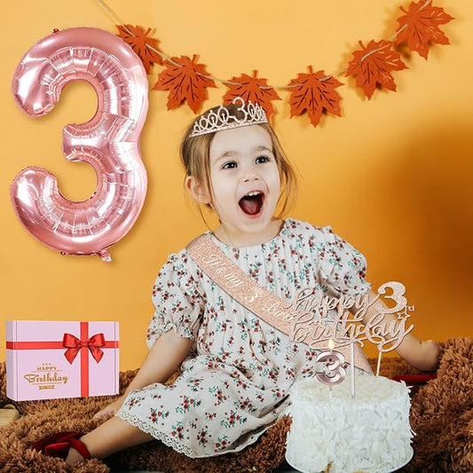 3rd Birthday Decorations for Girls, Including 3rd Birthday Sash and Tiara, Cake Topper and Candle, Number Balloon, 3 Year Old Gifts for Girls