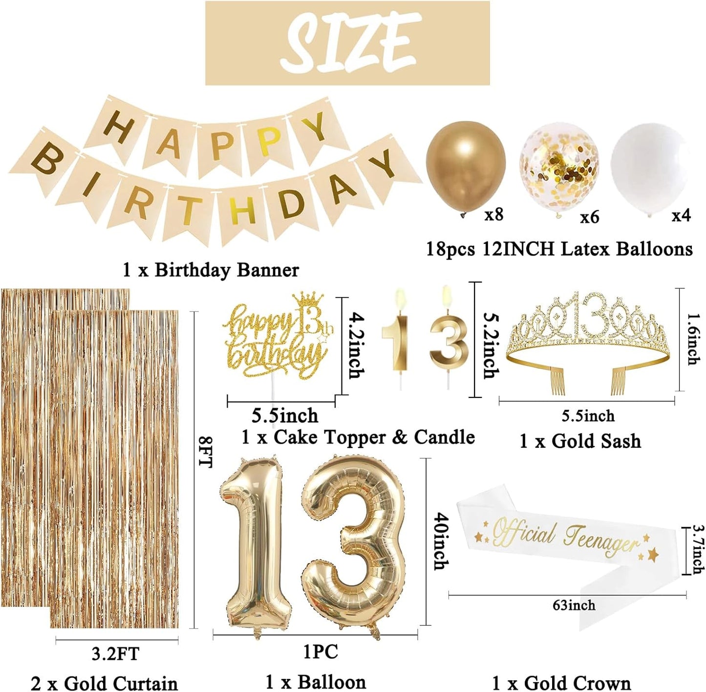 Trgowaul 13th Birthday Decorations for Girls, Banner, Sash and Crown, Cake Topper, 13 Number Balloon, Fringe Curtains, Champagne Gold 13 Birthday Party Supplies
