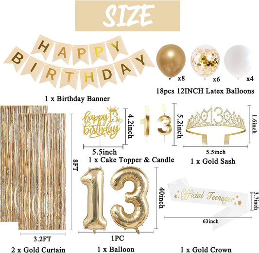 Trgowaul 13th Birthday Decorations for Girls, Banner, Sash and Crown, Cake Topper, 13 Number Balloon, Fringe Curtains, Champagne Gold 13 Birthday Party Supplies