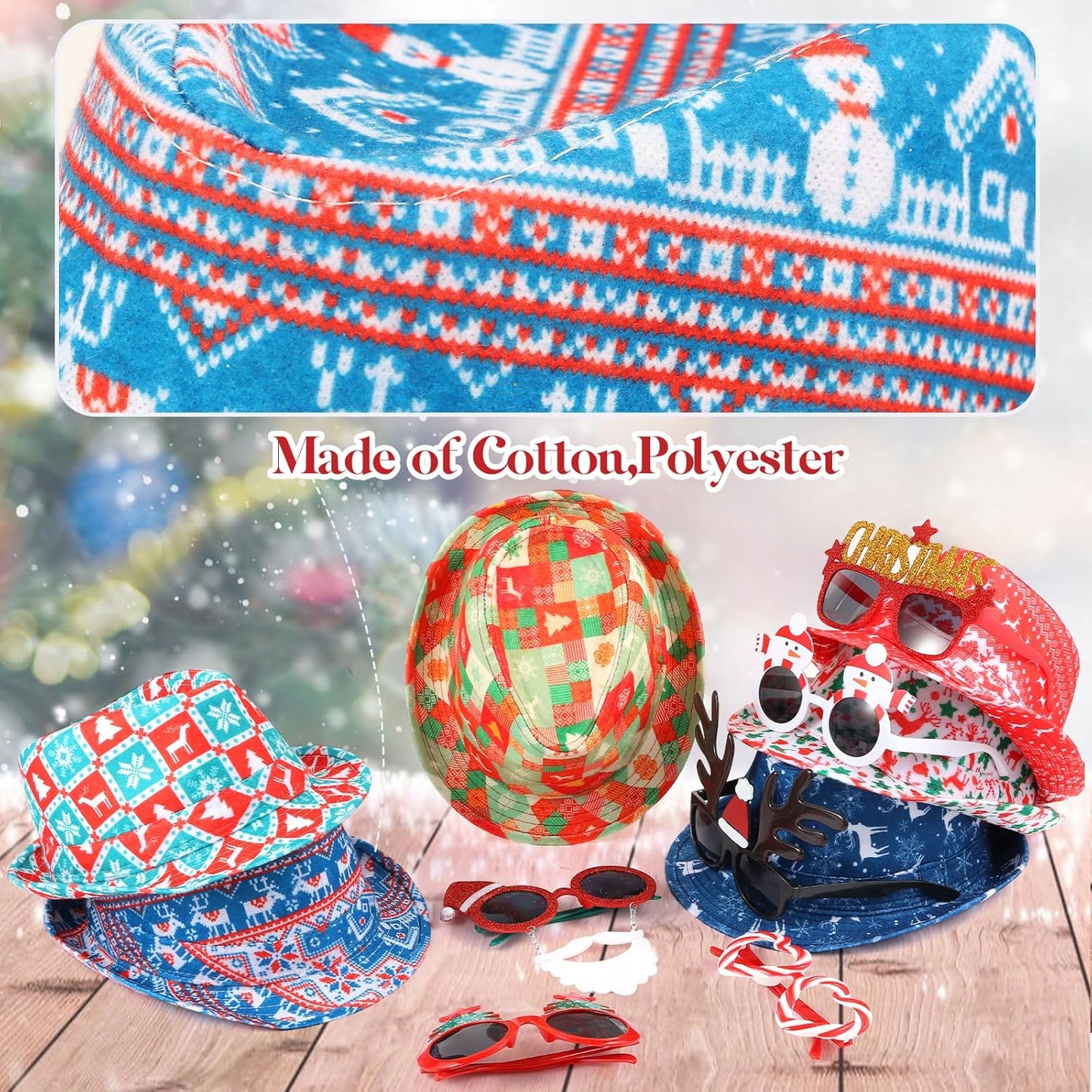 12pcs Christmas Photo Booth Prop, 6pcs Fedora Hats, 6pcs Party Sunglasses for Adult, Teen, Ugly Sweater Hat, Funny Glasses, Merry Xmas Carnival Party Costume Prop