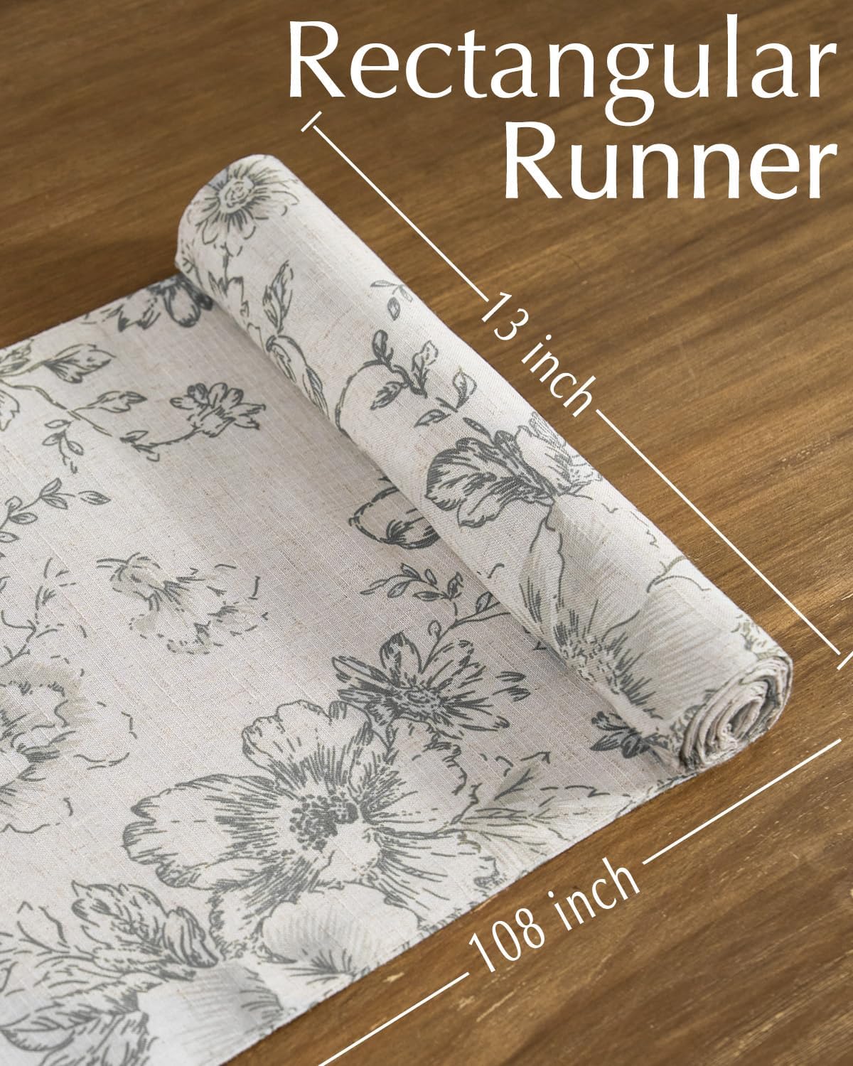 jinchan Floral Linen Table Runner for Kitchen Farmhouse Table Cloth with Grey Flower Print 13 x 108 Inch Beige Linen Blend Cloth for Kitchen Dining Table Indoor Outdoor Decor 1 Panel