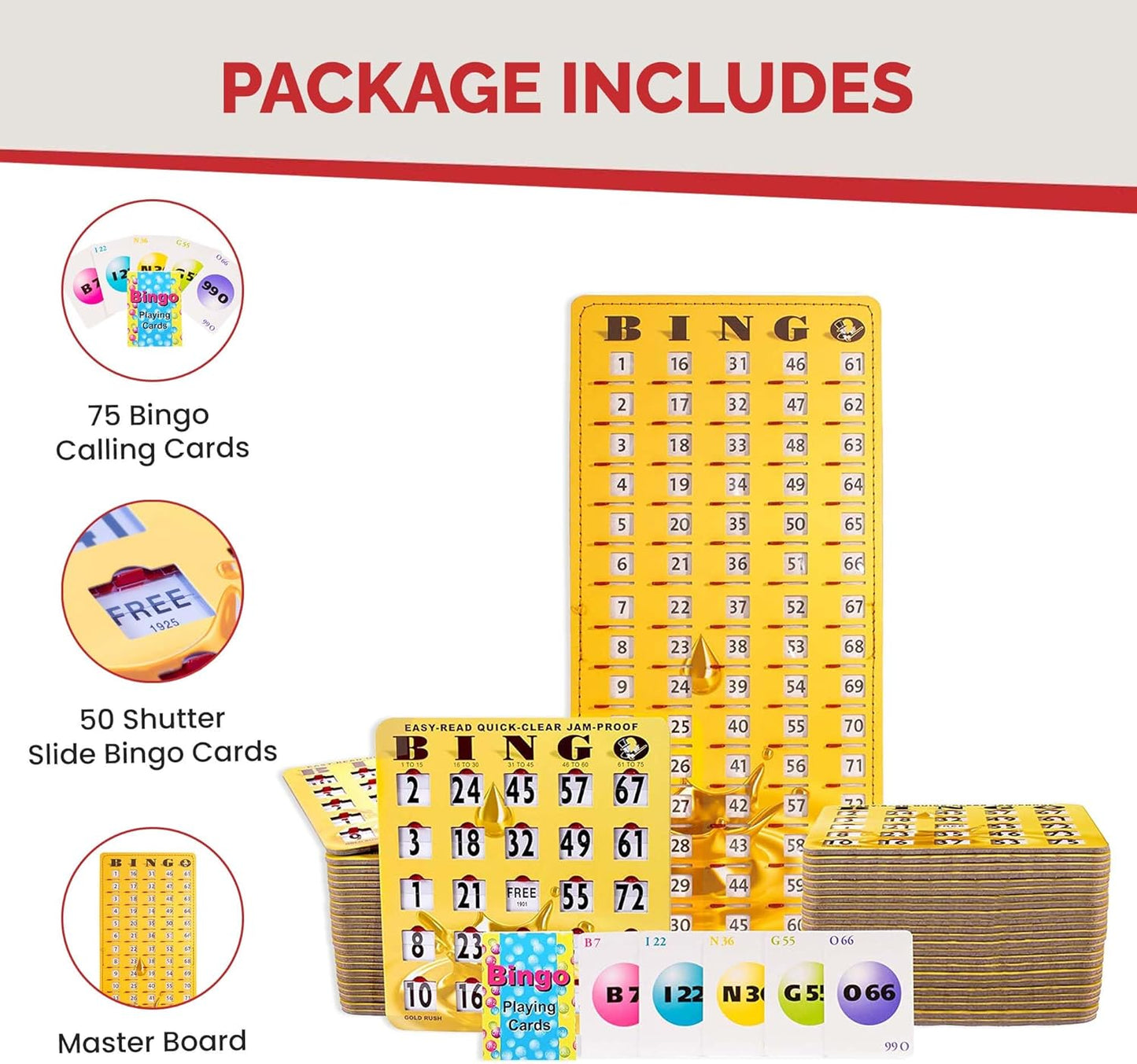 MR CHIPS Jam-Proof Bingo Cards with Sliding Windows, 50 Reusable Shutter Cards, 75 Calling Cards 1 Master Board in Gold Rush Style
