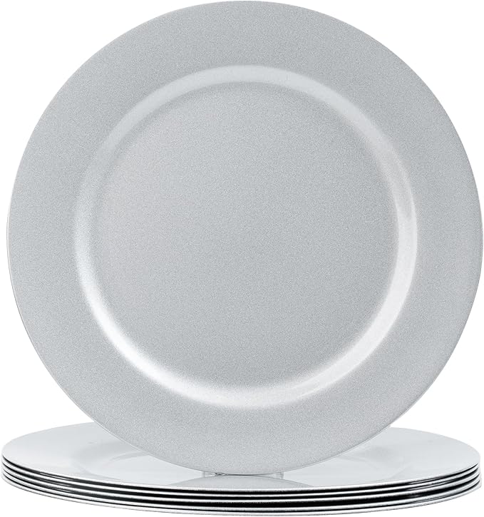 MAONAME Silver Charger Plates Set of 6, 13-Inch Round Plate Chargers for Dinner Plate, Plastic Table Chargers for Wedding Decor, Party