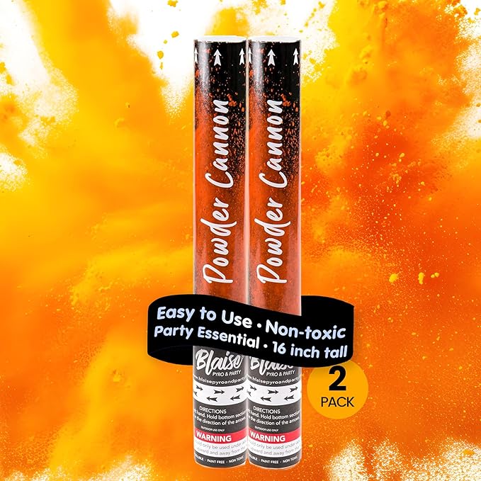 Blaise Pyro & Party - Orange Powder Poppers - Water-Soluble & Colorful Powder Cannons for Gender Reveals, Birthdays, Weddings & Celebrations - Easy to Use for Memorable Photos - 16-Inch, 2-Pack