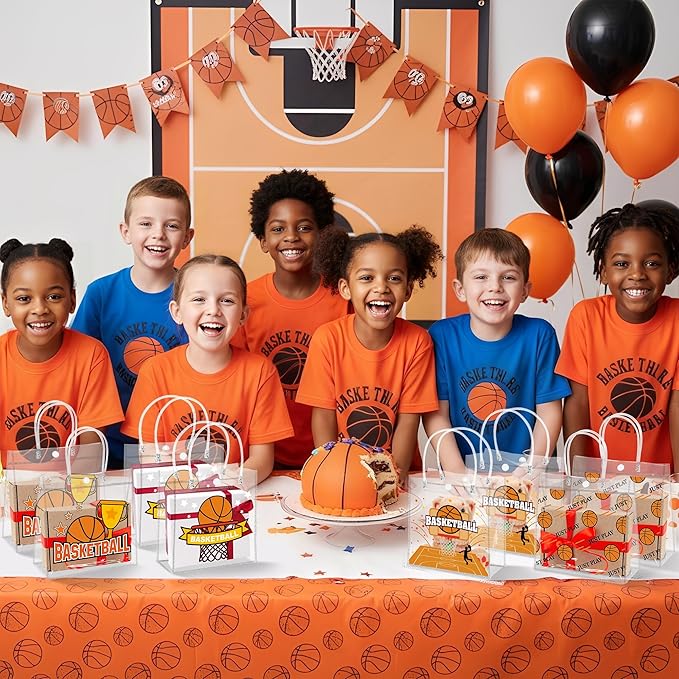 H1vojoxo Basketball Party Gift Bags - 24PCS Basketball Clear PVC Gift Bags with Handle Reusable Sports Goodie Bag for Boys Birthday Party Basketballs Tote Candy Bag Large Treat Ball Themed Party Favor