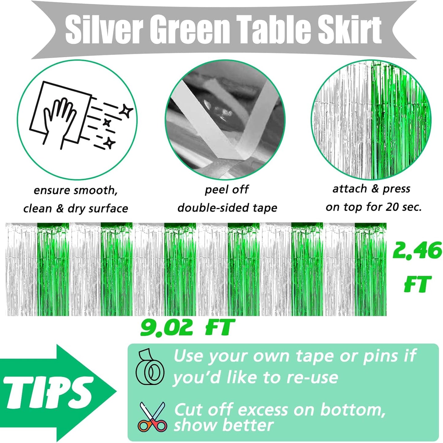 6 Pack 29x108 Inch Metallic Foil Fringe Table Skirts Banner for Tinsel Streamer Garland Curtains Backdrop for Parade Floats Wedding Birthday Mardi Gras, St Patrick Day Party Decorations(Silver Green)