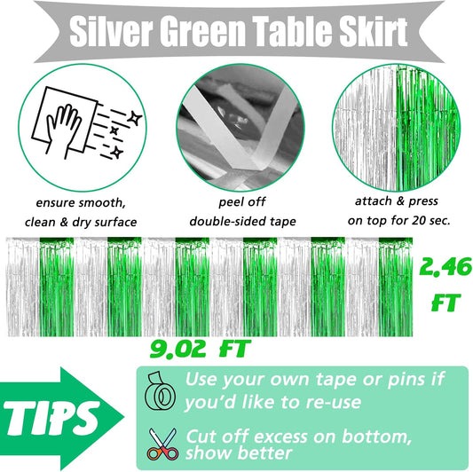 6 Pack 29x108 Inch Metallic Foil Fringe Table Skirts Banner for Tinsel Streamer Garland Curtains Backdrop for Parade Floats Wedding Birthday Mardi Gras, St Patrick Day Party Decorations(Silver Green)