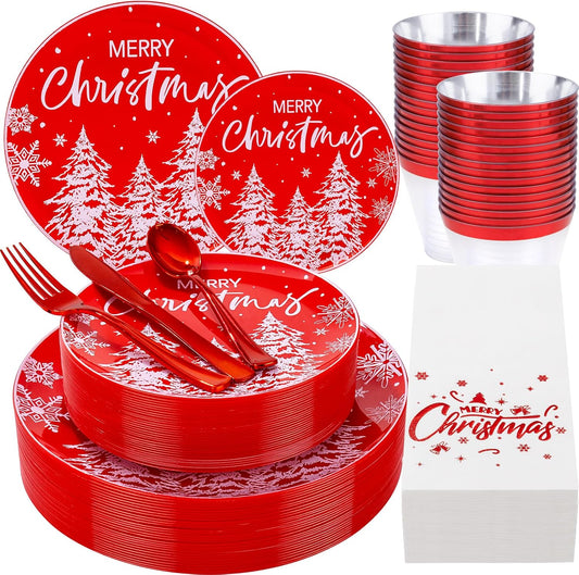 I00000 210Pcs Christmas Plastic Plates - Red Disposable Plates with Red Plastic Silverware Include 60 Plates, 30 Forks, 30 Knives, 30 Spoons, 30 Cups, 30 Napkins for Xmas Party